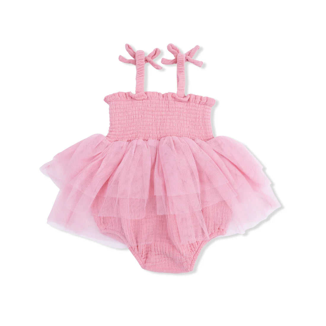 Pink baby romper with ruffled top and skirt on a white background