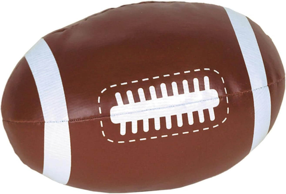 Plush football toy with brown and white colors on a white background