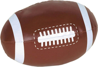 Plush football toy with brown and white colors on a white background