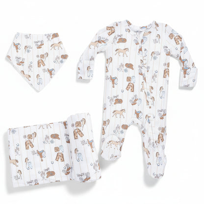 Baby onesie, hat, and blanket with animal pattern on a white background