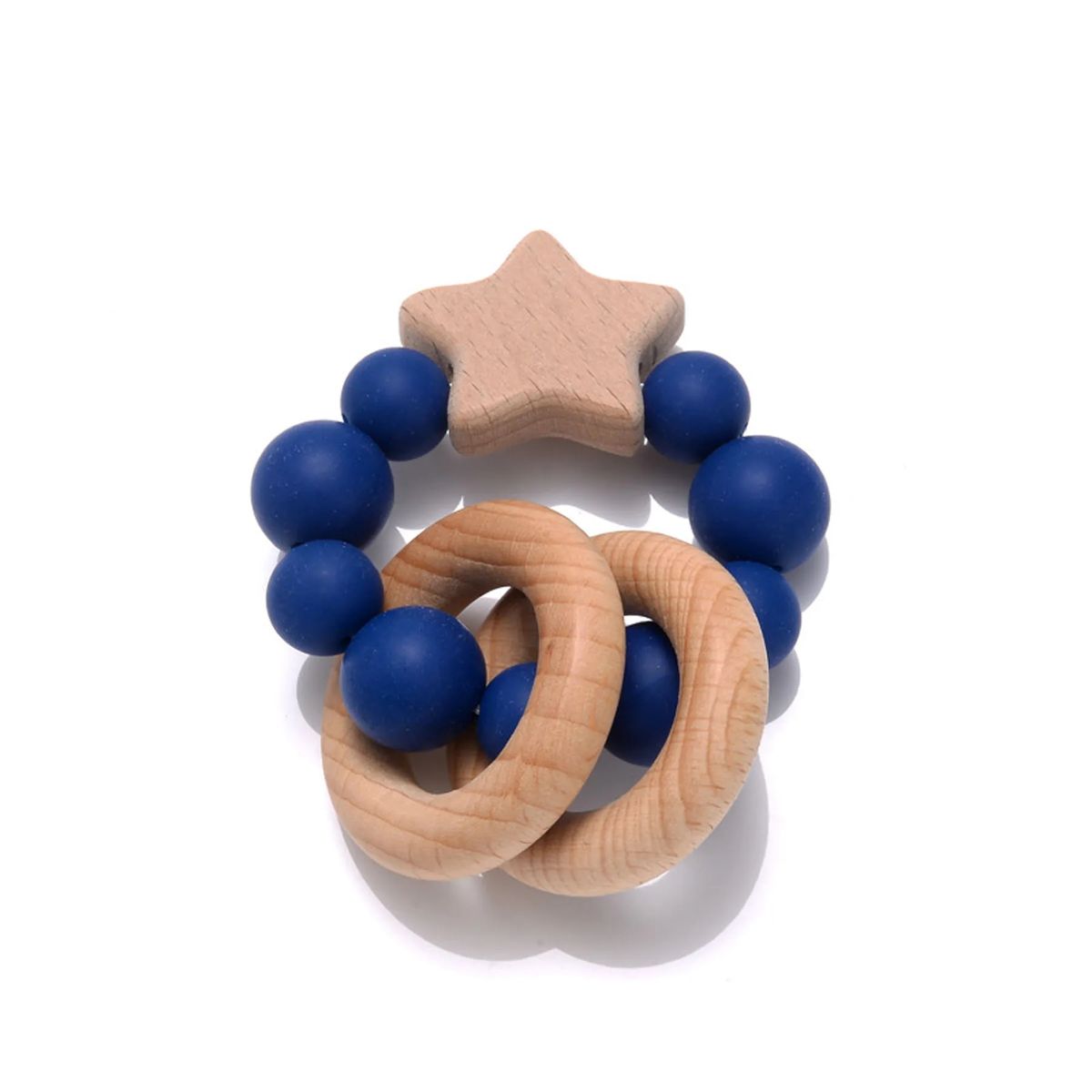Wooden teething ring with blue silicone beads on a white background