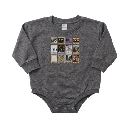 Gray baby onesie with colorful graphic on a white background