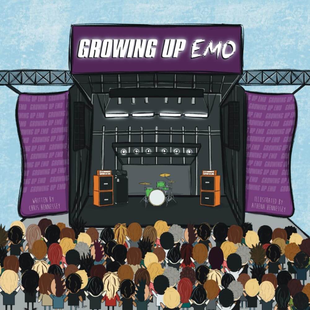 Illustration of a concert stage with 'Growing Up EMO' text, surrounded by an audience.