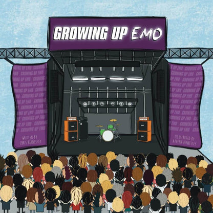 Illustration of a concert stage with 'Growing Up EMO' text, surrounded by an audience.
