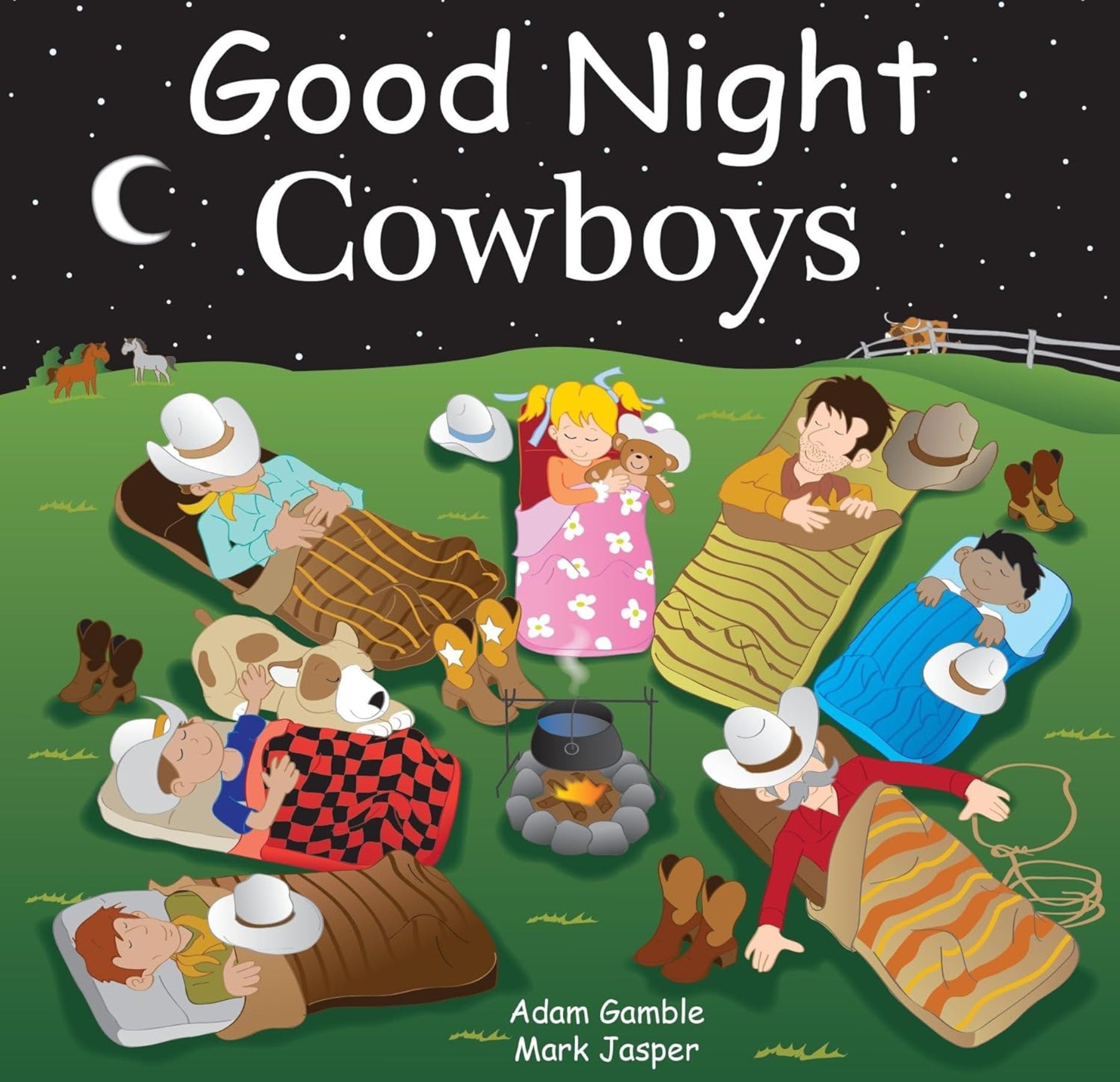 Illustrated book cover of 'Good Night Cowboys' with cartoon characters around a campfire.