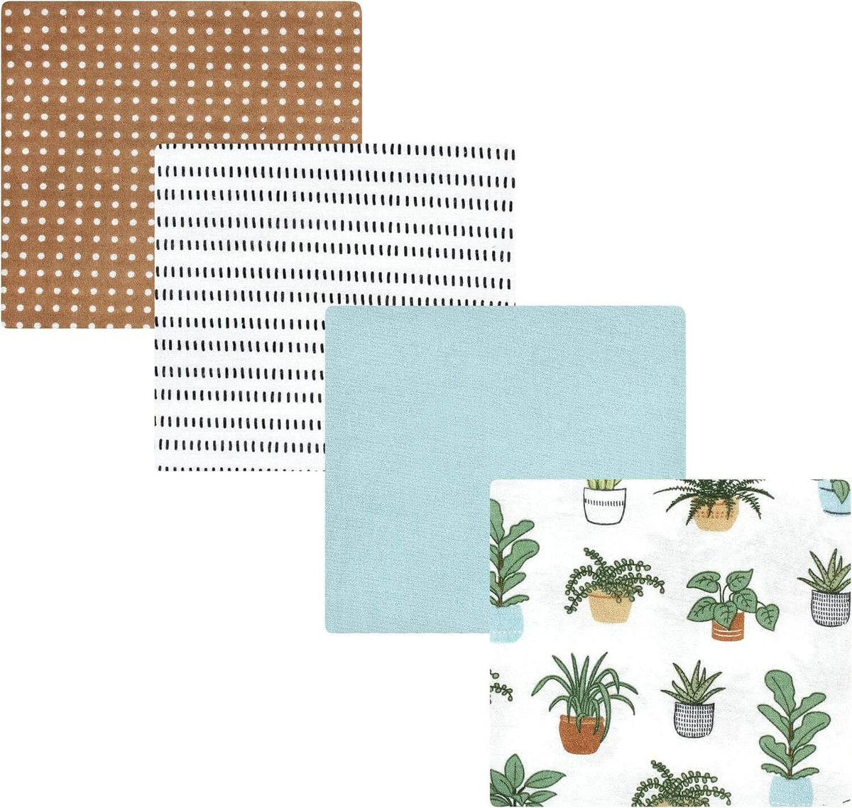 Four fabric or paper swatches arranged overlapping on a white background: a tan square with white polka dots, a white square with black dash marks, a light blue square, and a white square with a green potted plant pattern.