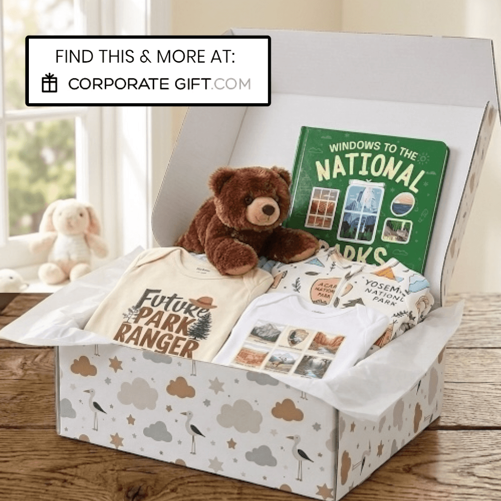 A curated gift box displayed on a wooden table in a bright room. The open white box contains a cream T-shirt reading 'Future Park Ranger,' a brown plush bear, a green 'Windows to the National Parks' book, a folded white shirt with scenic prints, and other small gift items.