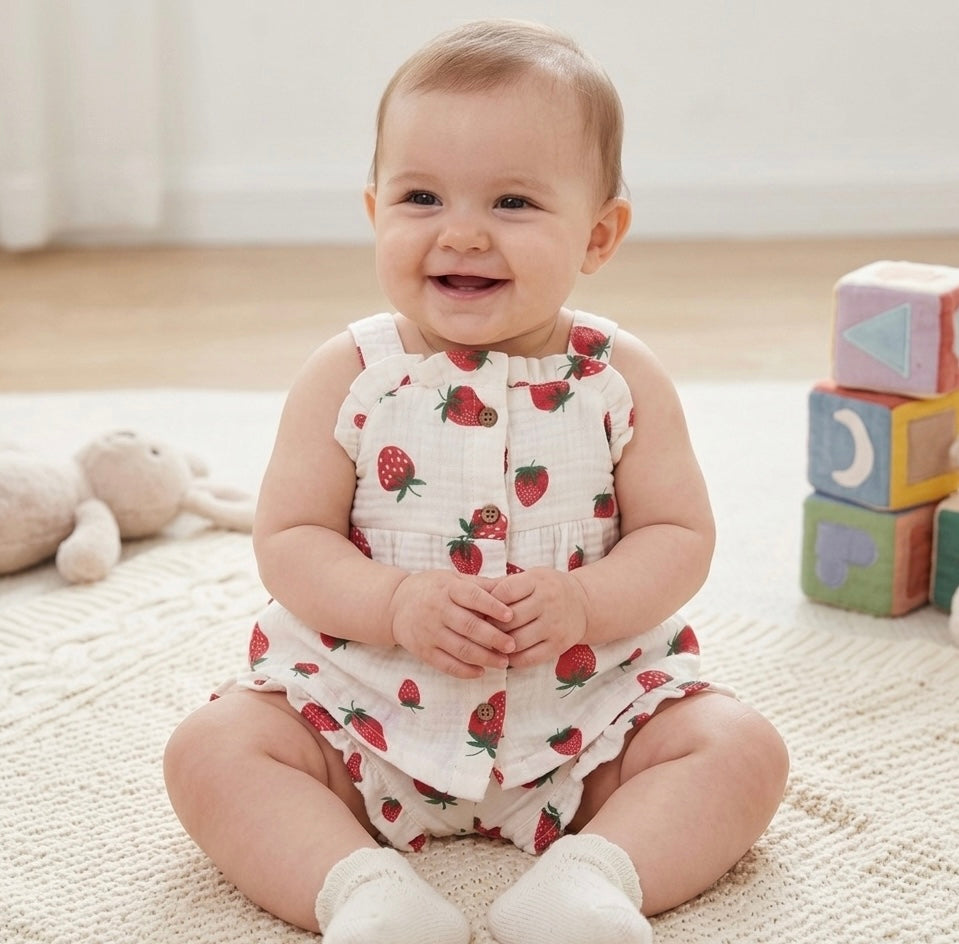 Baby sitting on a carpeted floor wearing a strawberry print outfit, with colorful blocks and a plush toy in the background.