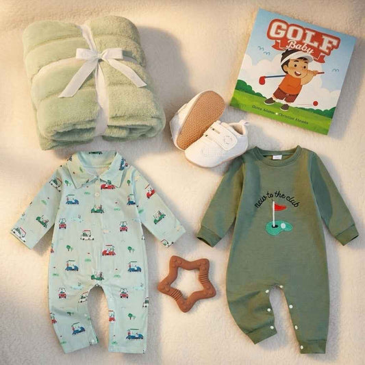 Golf theme baby set flat lay