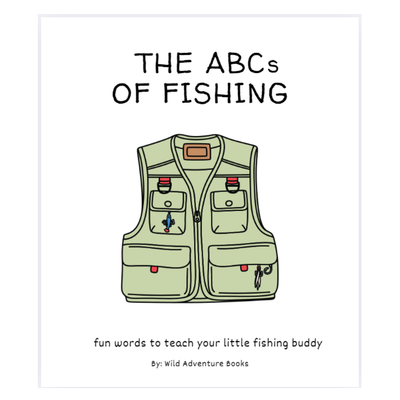 Book cover of 'The ABCs of Fishing' with a fishing vest illustration on a white background.