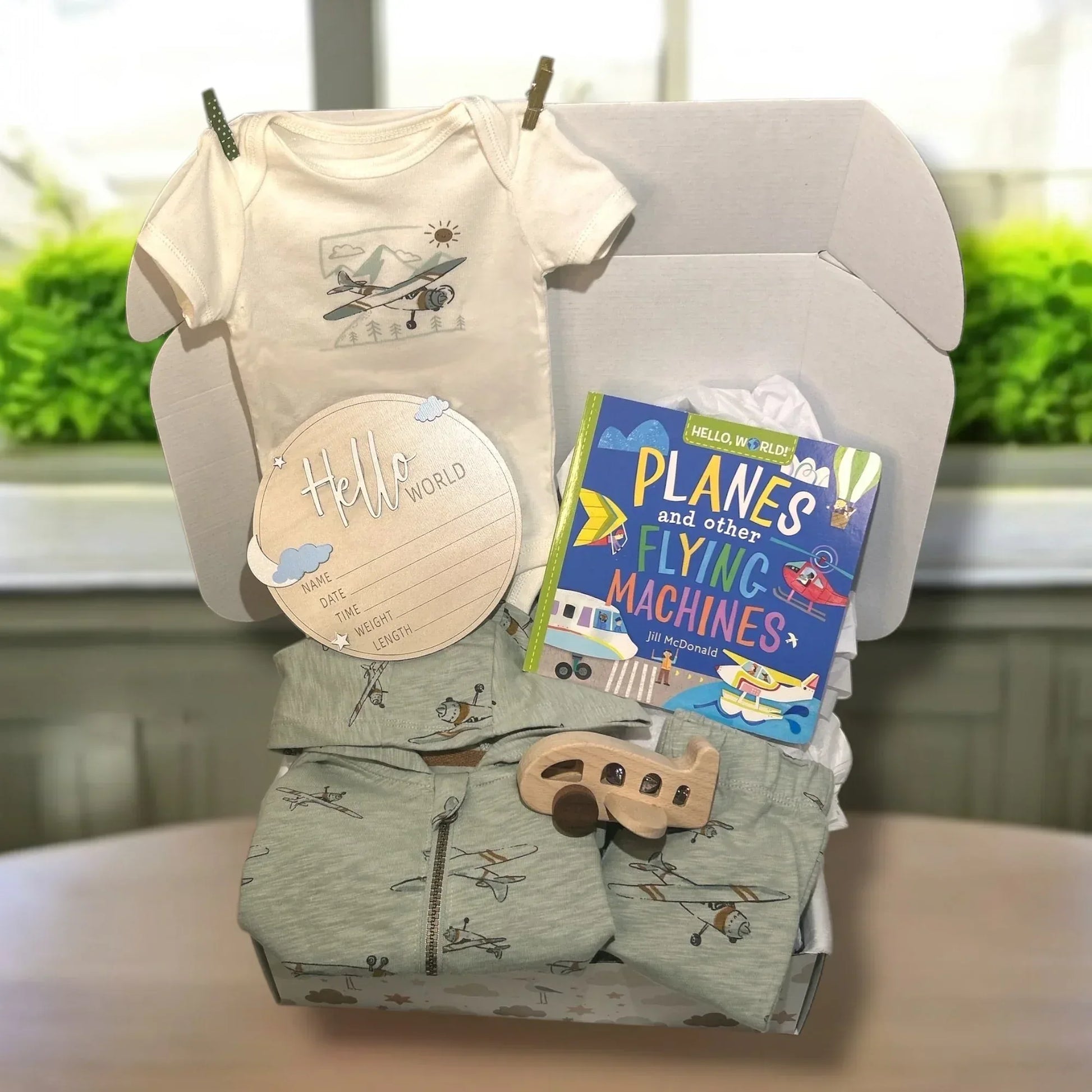 Airplane Baby Gift Set Newborn Boy 0-3M | Outfit, Rattle, Book - Hey Baby Box