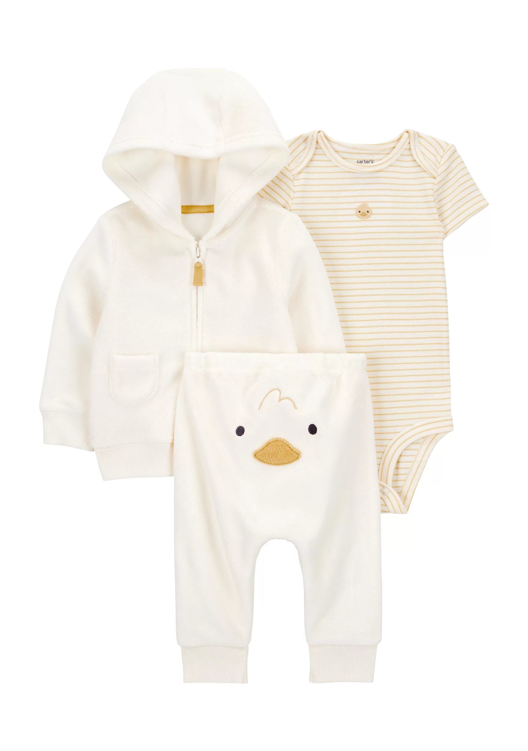 Three-piece baby clothing set including a cream zip-up hoodie, a cream and beige striped bodysuit, and cream pants with a duck face applique, displayed on a white background.