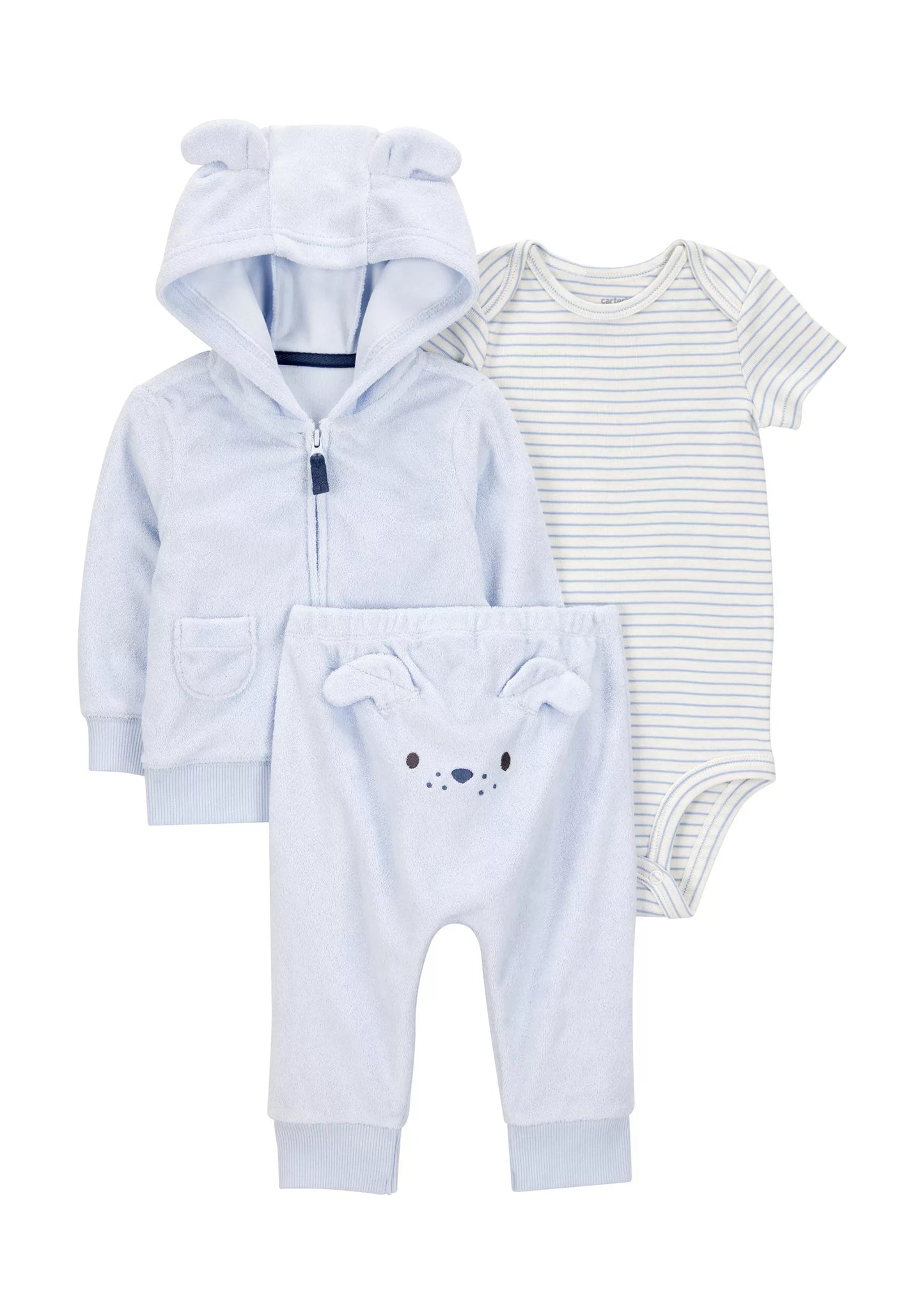 A three-piece baby clothing set on a white background, featuring a light blue zip-up hoodie with bear ears on the hood, matching light blue pants with a bear face graphic, and a white short-sleeve bodysuit with thin blue horizontal stripes.