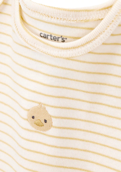 Close-up of a Carter's baby t-shirt featuring thin yellow horizontal stripes on a cream base, with a small embroidered yellow duck face on the chest.