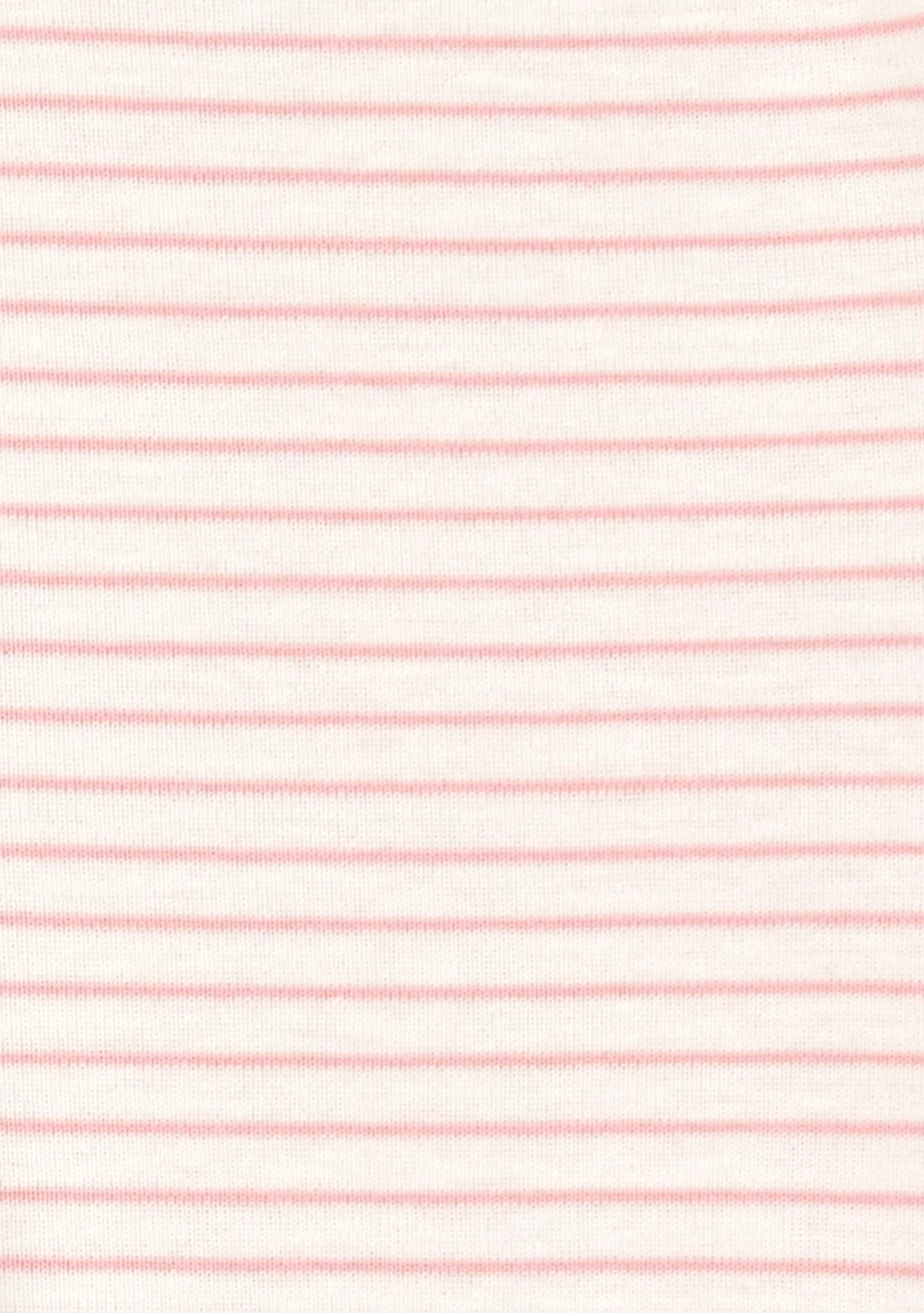 A close-up of a striped fabric pattern featuring thin, horizontal light pink stripes on a white background.