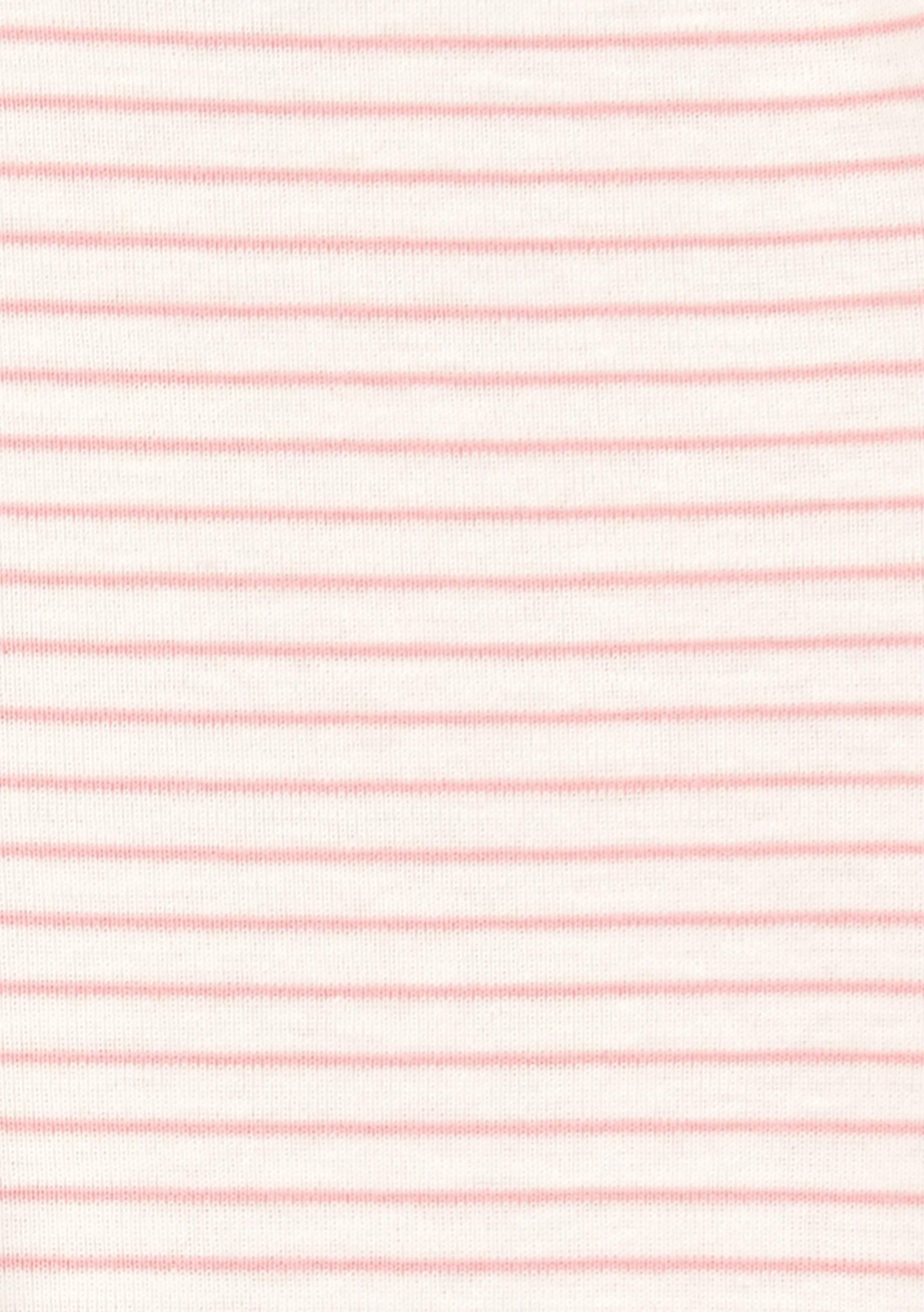 A close-up of a striped fabric pattern featuring thin, horizontal light pink stripes on a white background.