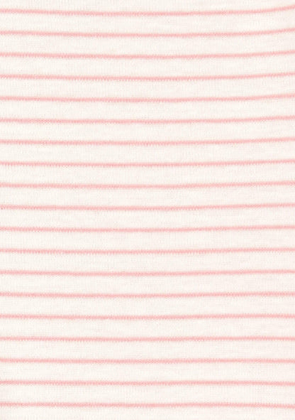 A close-up of a striped fabric pattern featuring thin, horizontal light pink stripes on a white background.