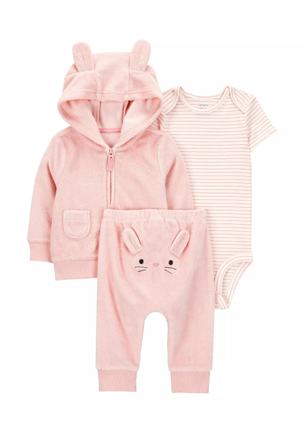 A three-piece baby clothing set in soft pink and white, featuring a pink zip-up hooded sweatshirt with bunny ears, matching pink pants with a bunny face graphic, and a white short-sleeve bodysuit with thin pink horizontal stripes.