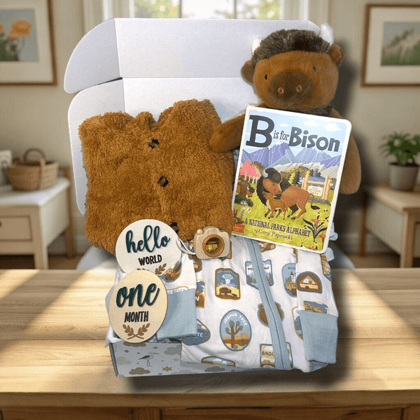 Baby gift set with bison, angel dear pajamas, book, and milestone cards on a wooden surface.