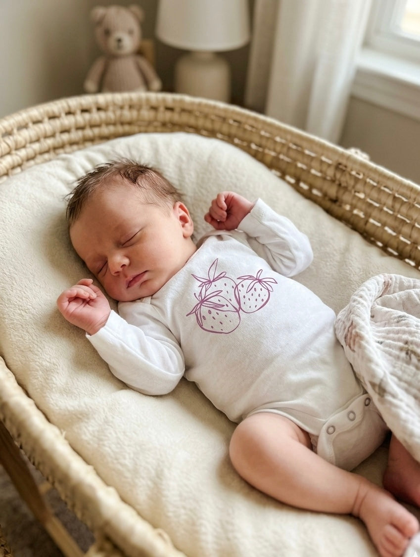 Newborn baby sleeping in a crib wearing a white onesie with red designs.