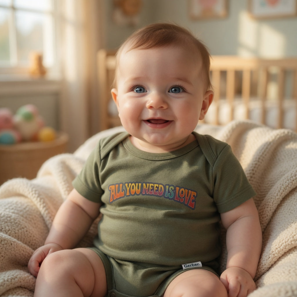 Baby wearing a green onesie with 'All You Need Is Love' text, sitting on a couch in a room with toys and a crib.