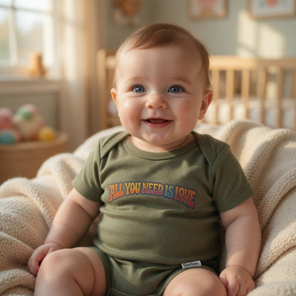 Baby wearing a green onesie with 'All You Need Is Love' text, sitting on a couch in a room with toys and a crib.