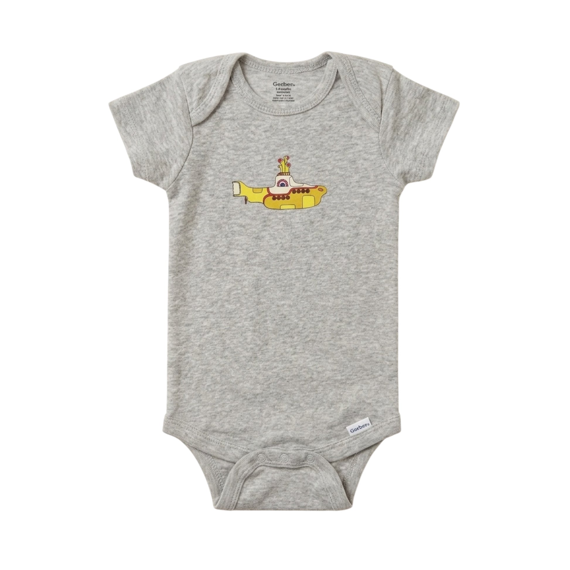 Gray baby onesie with a yellow submarine design on a white background