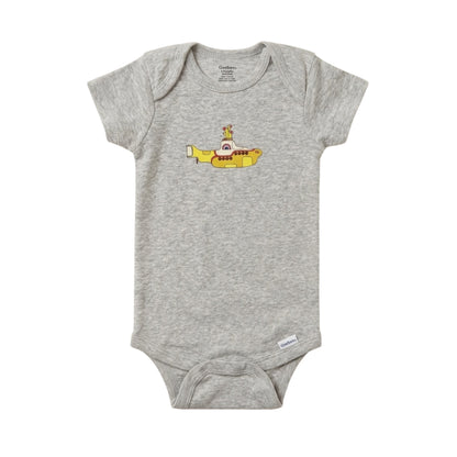 Gray baby onesie with a yellow submarine design on a white background