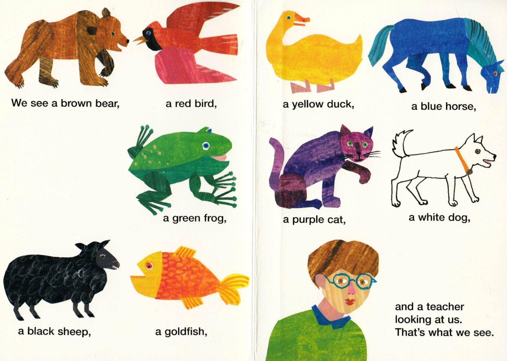Illustrated book page with colorful animals and a teacher, likely from a children's book.