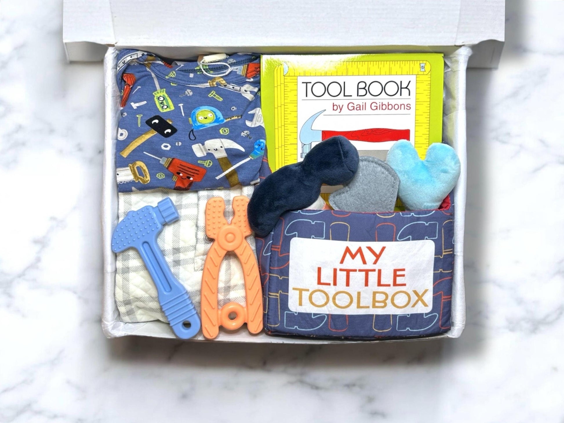 Construction Baby Gift Box | Tool Theme Baby Boy Set | Angel Dear | Builder Baby Shower Bundle, Baby Boy Gift, Personalization Available - Hey Baby Box