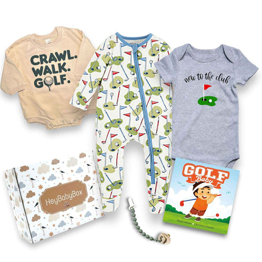 Golf Theme Romper Baby Gift Set - Printed Footie featuring playful golf-themed design in vibrant colors.