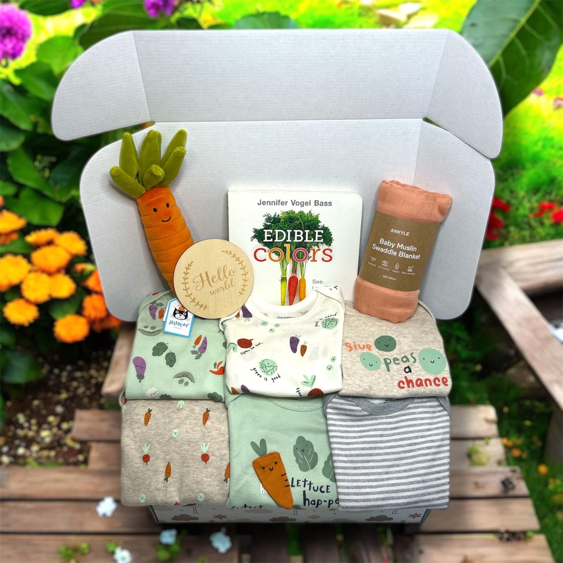 Deluxe Vegetable Baby Gift Box | Jellycat Carrot | Garden Theme Baby Shower Gift Set | 6 Unisex Onesies, Personalization Available - Hey Baby Box