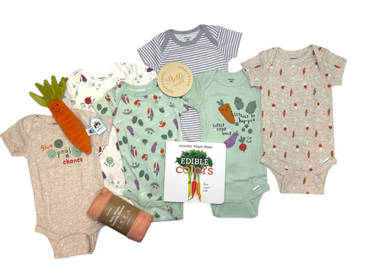 Deluxe Vegetable Baby Gift Box | Jellycat Carrot | Garden Theme Baby Shower Gift Set | 6 Unisex Onesies, Personalization Available - Hey Baby Box