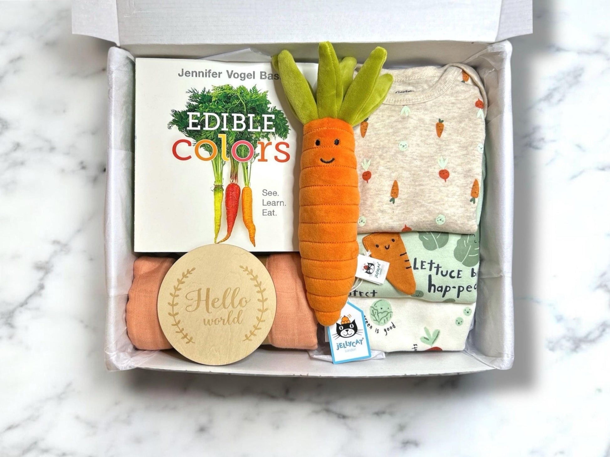 Deluxe Vegetable Baby Gift Box | Jellycat Carrot | Garden Theme Baby Shower Gift Set | 6 Unisex Onesies, Personalization Available - Hey Baby Box