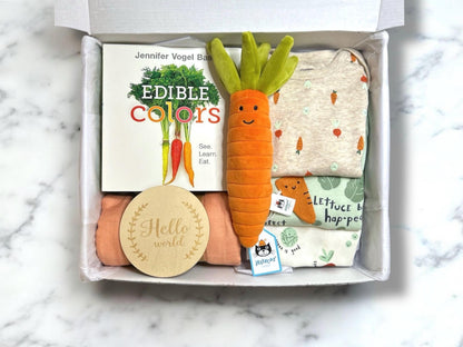 Deluxe Vegetable Baby Gift Box | Jellycat Carrot | Garden Theme Baby Shower Gift Set | 6 Unisex Onesies, Personalization Available - Hey Baby Box