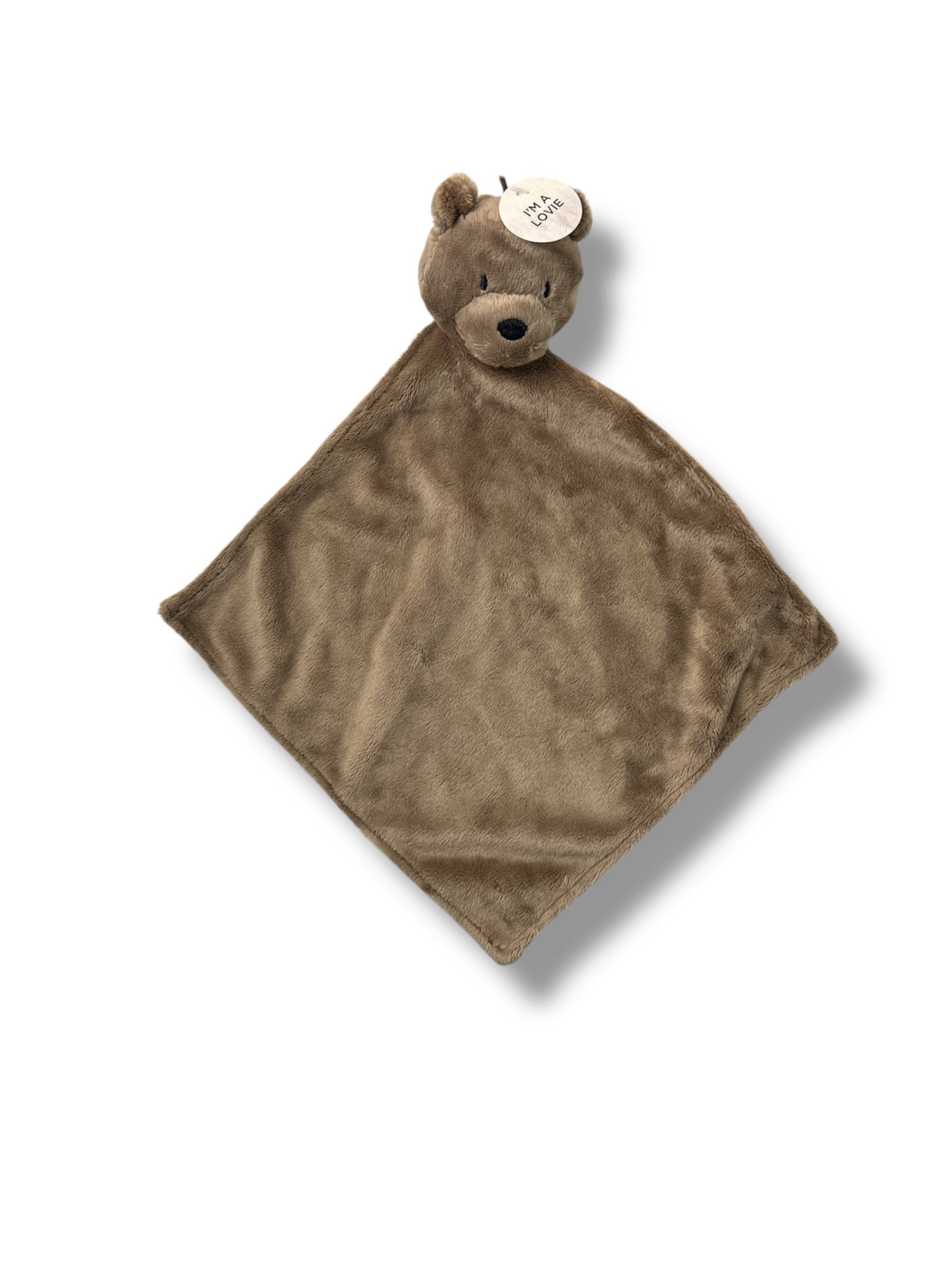 Brown plush blanket with bear face on a white background