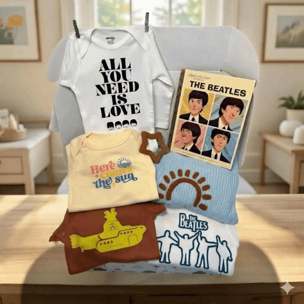 Collection of baby clothing and Beatles-themed items on a table.