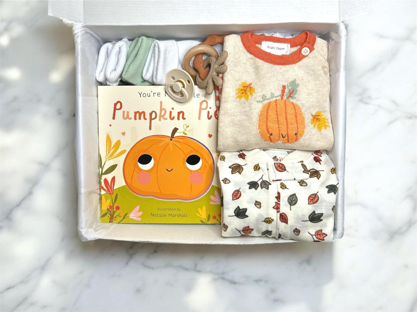 Fall Baby Gift Box| Angel Dear Pumpkin Sweater Romper & Leaf Zipper Footie – Cozy Newborn Outfit, Autumn Baby Shower Present, Custom Onesie - Hey Baby Box