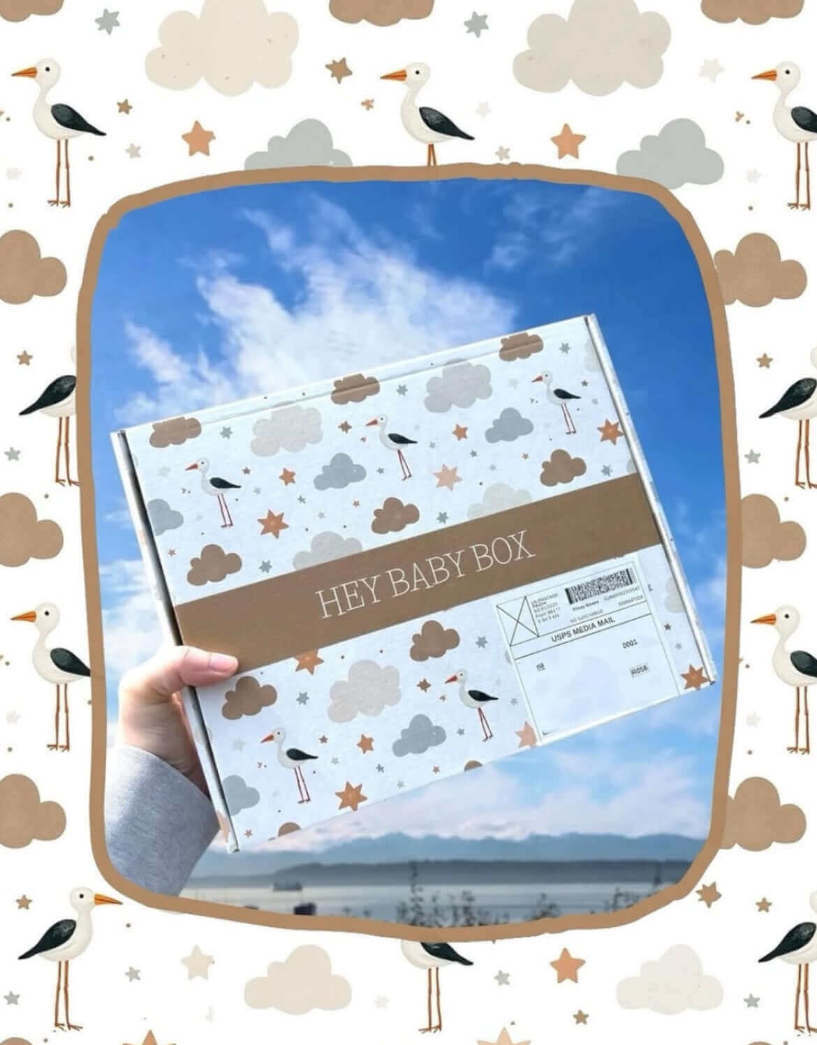Person holding a decorative baby gift box against a scenic sky backdrop with clouds and storks.
