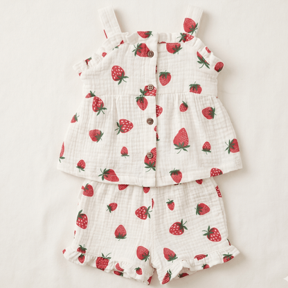 Children's outfit with strawberry pattern on a white background