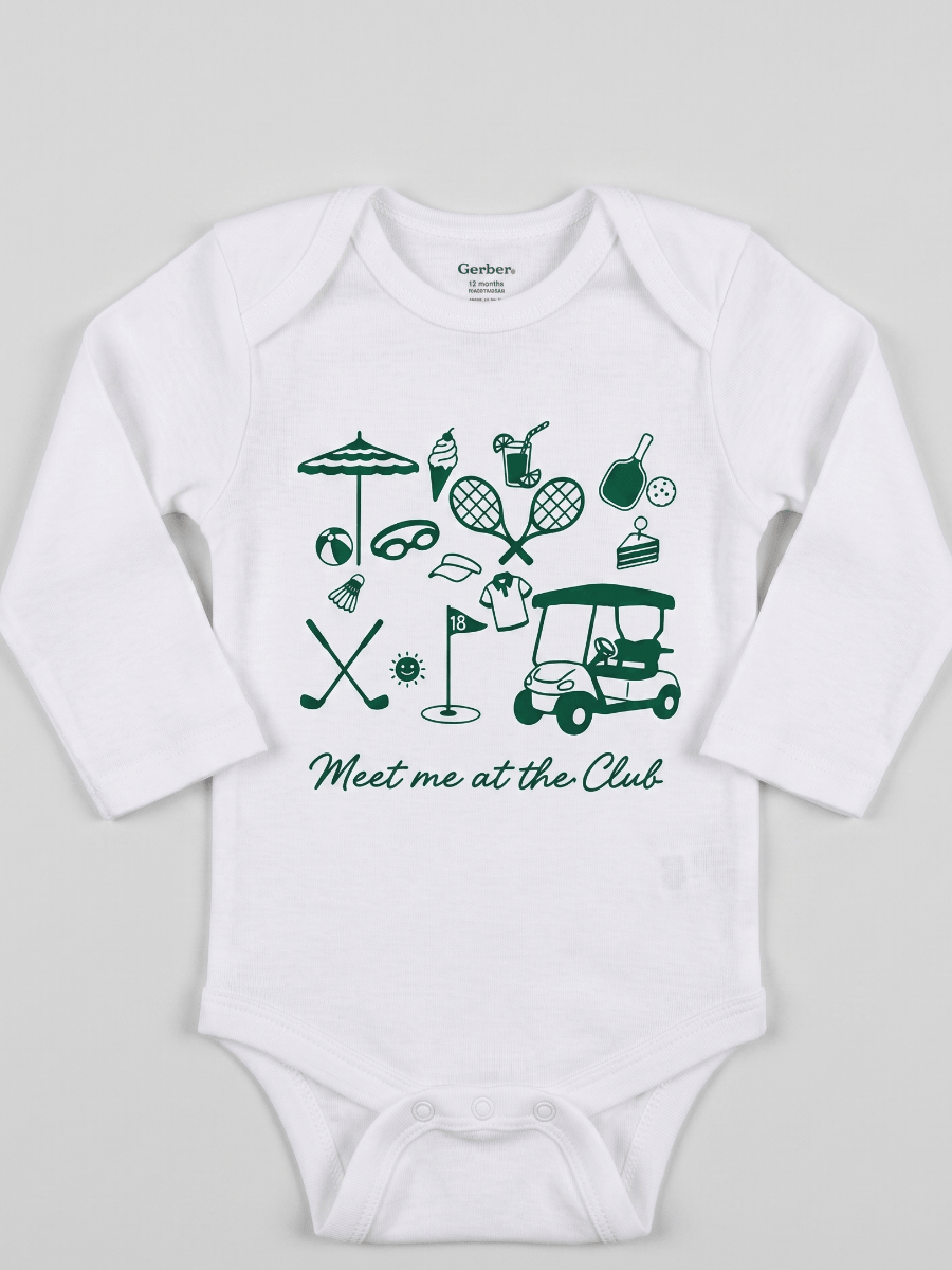 White baby onesie with green golf-themed graphics and text on a light gray background