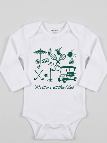 White baby onesie with green golf-themed graphics and text on a light gray background