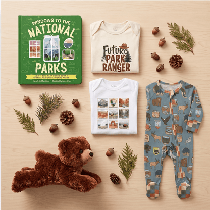 A flat lay of baby apparel and a children's book on a light wood surface, styled with a teddy bear, pinecones, acorns, and evergreen branches. The set includes a green children's book titled 'Windows to the National Parks,' a cream folded bodysuit with 'Future Park Ranger' text, a white bodysuit with a park-themed collage print, and a blue footed sleeper with an animal pattern.