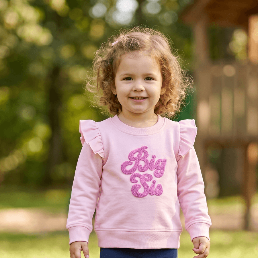 Child wearing a pink 'Big Sis' sweatshirt standing in a grassy area with a playground in the background.
