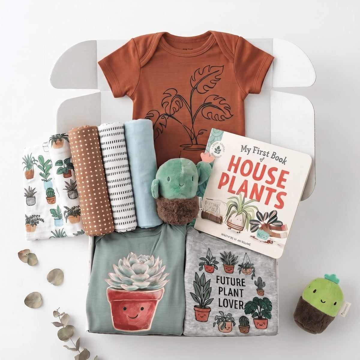 A curated baby gift set arranged in a white box on a white background, featuring a rust-colored baby bodysuit with a plant graphic, patterned baby blankets, a sage green t-shirt with a succulent print, a children's book titled 'My First Book of House Plants', a small green plush cactus, and a small plush plant character.