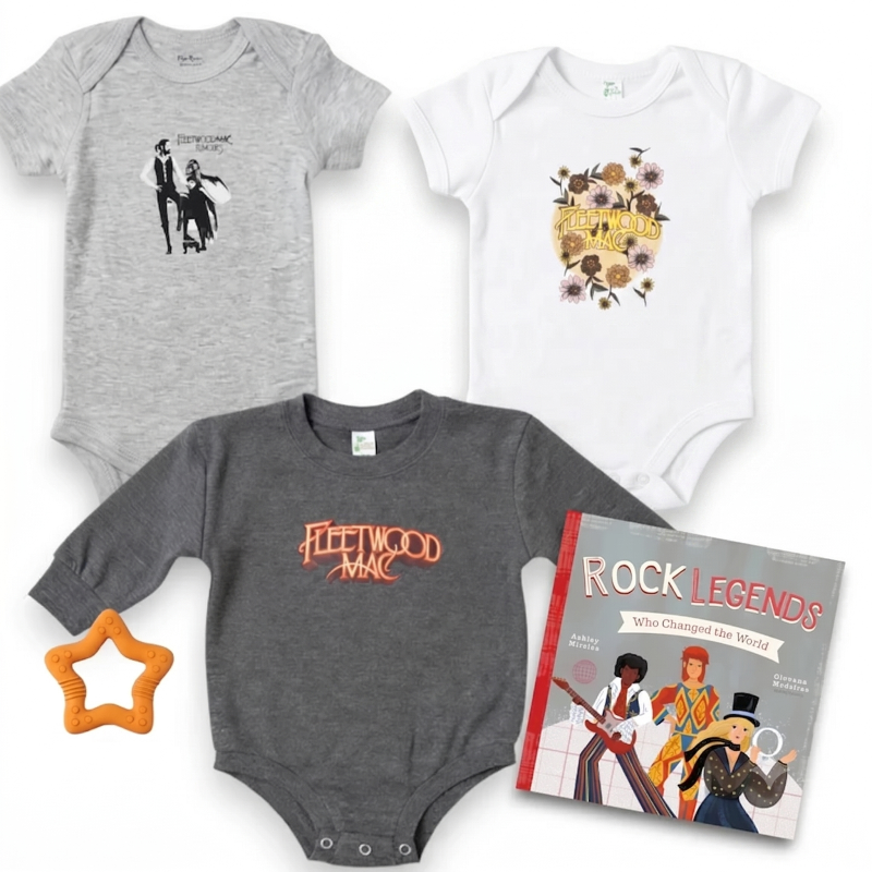Three baby onesies with different designs and a book titled 'Rock Legends' on a white background.