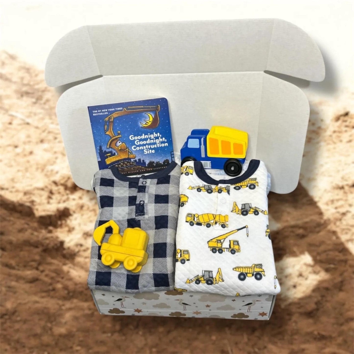 Goodnight Construction Site Book Baby Gift Box | Personalized Construction Themed Gift Box for Boys | Dump Truck Baby Shower Present - Hey Baby Box