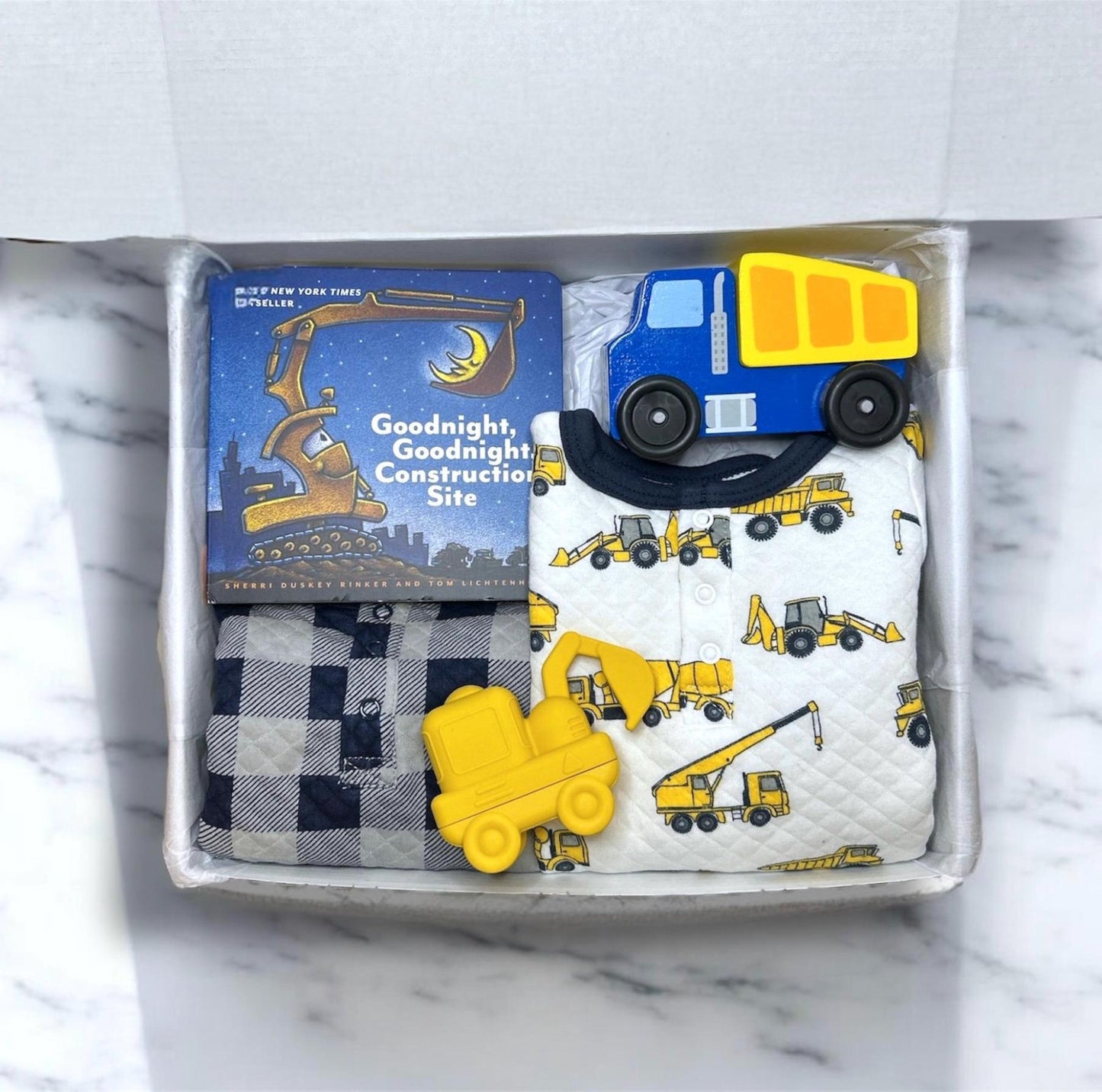 Goodnight Construction Site Book Baby Gift Box | Personalized Construction Themed Gift Box for Boys | Dump Truck Baby Shower Present - Hey Baby Box