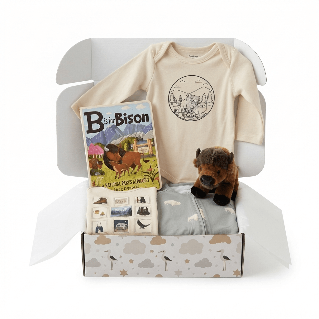 A baby gift box set containing a cream long-sleeve bodysuit with a bison graphic, a children's book titled 'B of the Bison', a small plush bison toy, and a folded light blue blanket, all arranged inside an open patterned gift box on a white background.