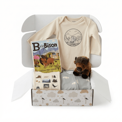 A baby gift box set containing a cream long-sleeve bodysuit with a bison graphic, a children's book titled 'B of the Bison', a small plush bison toy, and a folded light blue blanket, all arranged inside an open patterned gift box on a white background.